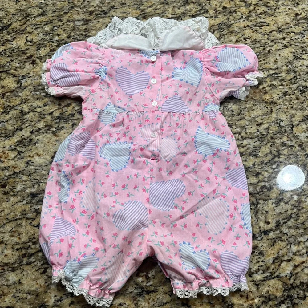 Broadway Kids Vintage Pink Floral Heart Bubble Romper Lace Collar 18M